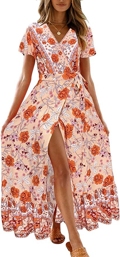 ZESICA Women's 2023 Bohemian Floral Printed Wrap V Neck Short Sleeve Split Beach Party Maxi Dress | Amazon (US)