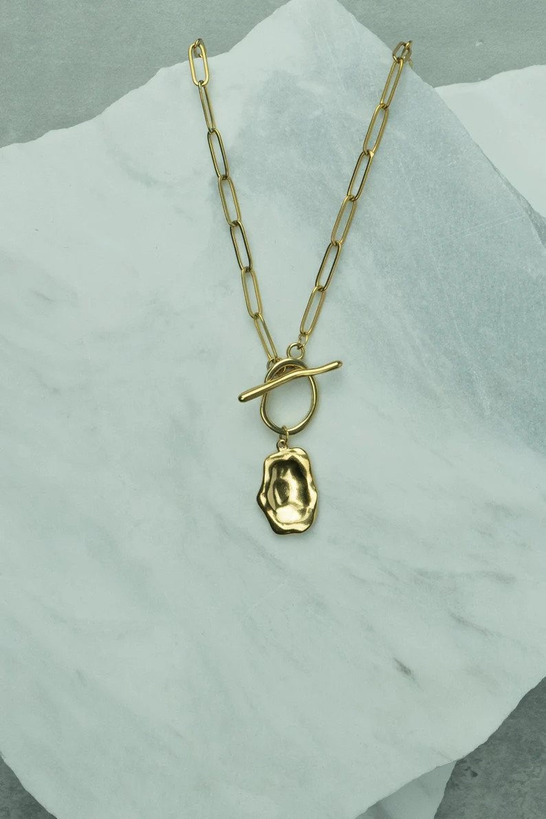 Toggle Clasp With Irregular Metal Charm | Chunky Raw Brass Paper Clip Chain Necklace | Stainless ... | Etsy (US)