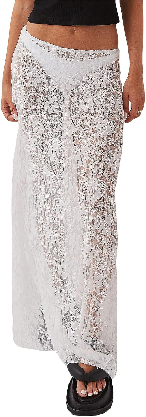 Lace Maxi Skirt for Women See Through Sexy Boho Summer | Amazon (US)