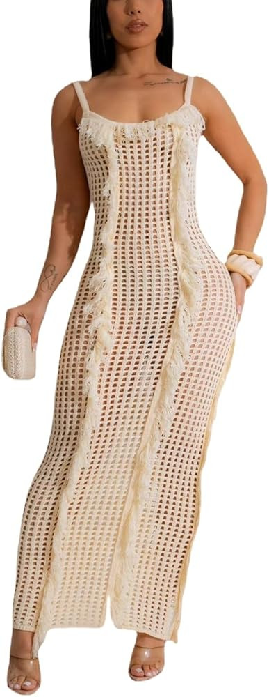 Crochet Knitted Beach Skirt Sleeveless Knitted Suspended Tassel Open Back Dress | Amazon (US)