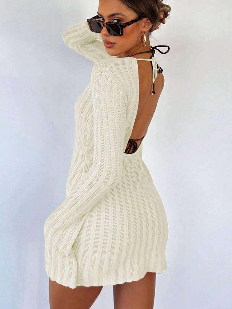 Women Sexy Hollow Back Tie-Up Flare Sleeve Short Dress/Cover Up, Vacation Outfits | SHEIN