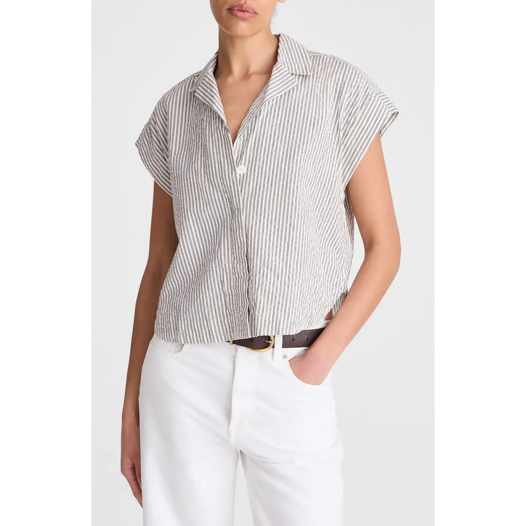 Madewell Notch Collar Stripe Cotton Seersucker Popover Shirt in Black Vintage Ivory Yarndye at Nordstrom, Size X-Small | Nordstrom