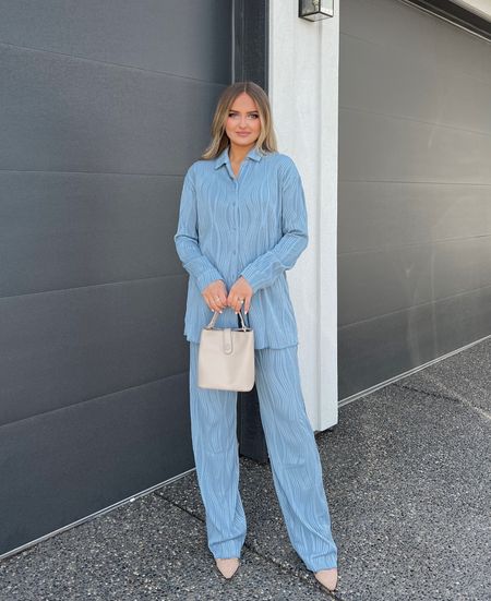 Baby blue matching set. Pants button down shirt, spring outfit 