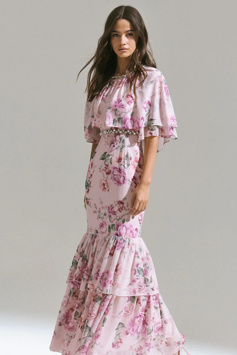 Never Let Go  Pink Floral Print Chiffon Maxi Dress With Tiered Hem | Club L London