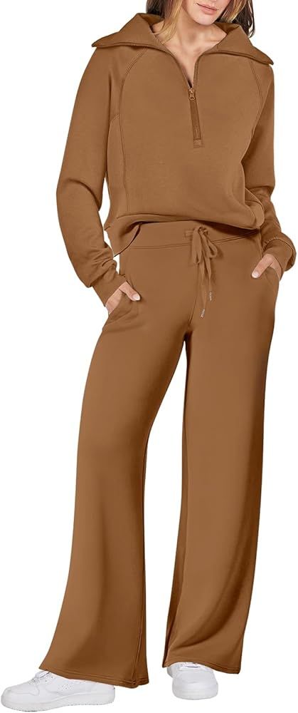 Amazon.com: Women's Oversized Quarter Zip Sweatshirt and Wide Leg Sweatpant Lounge Set by ANRABES... | Amazon (US)