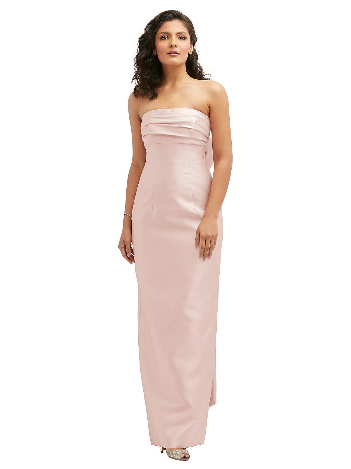 Strapless Draped Bodice Column Dress with Oversized Bow in Blush | The Dessy Group