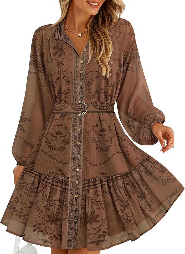 ZESICA Womens Spring Summer Floral Mini Dress Long Sleeve Button Chiffon A Line Swing Short Weddi... | Amazon (US)