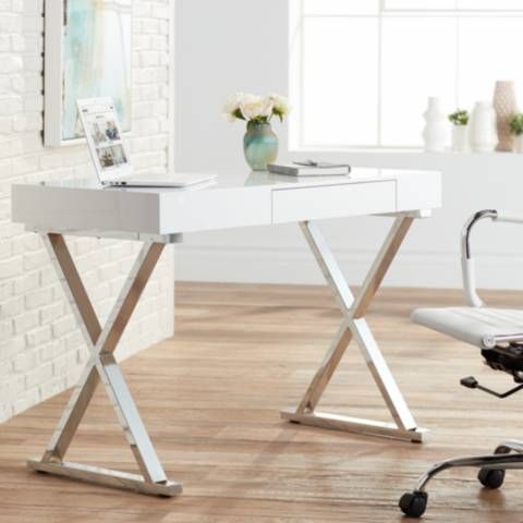 Luster 43 1/4" Wide Glossy White and Chrome Modern Desk | LampsPlus.com