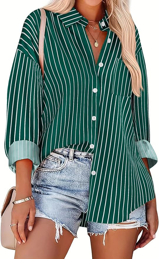 HOTOUCH Button Down Striped Shirts for Women Boyfriend Drop Shoulder Blouse Long Sleeve Oversized... | Amazon (US)