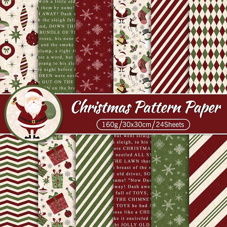 Whaline 24 Pack Christmas Pattern Paper 30x30cm Red Green Textured Scrapbook Paper Double-Sided X... | Amazon (US)