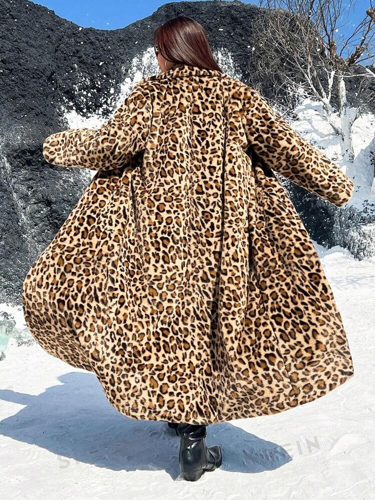 TrendsSHEIN EZwear Plus Size Long Fluffy Leopard Print Warm Coat, Winter Clothing Thermal | SHEIN