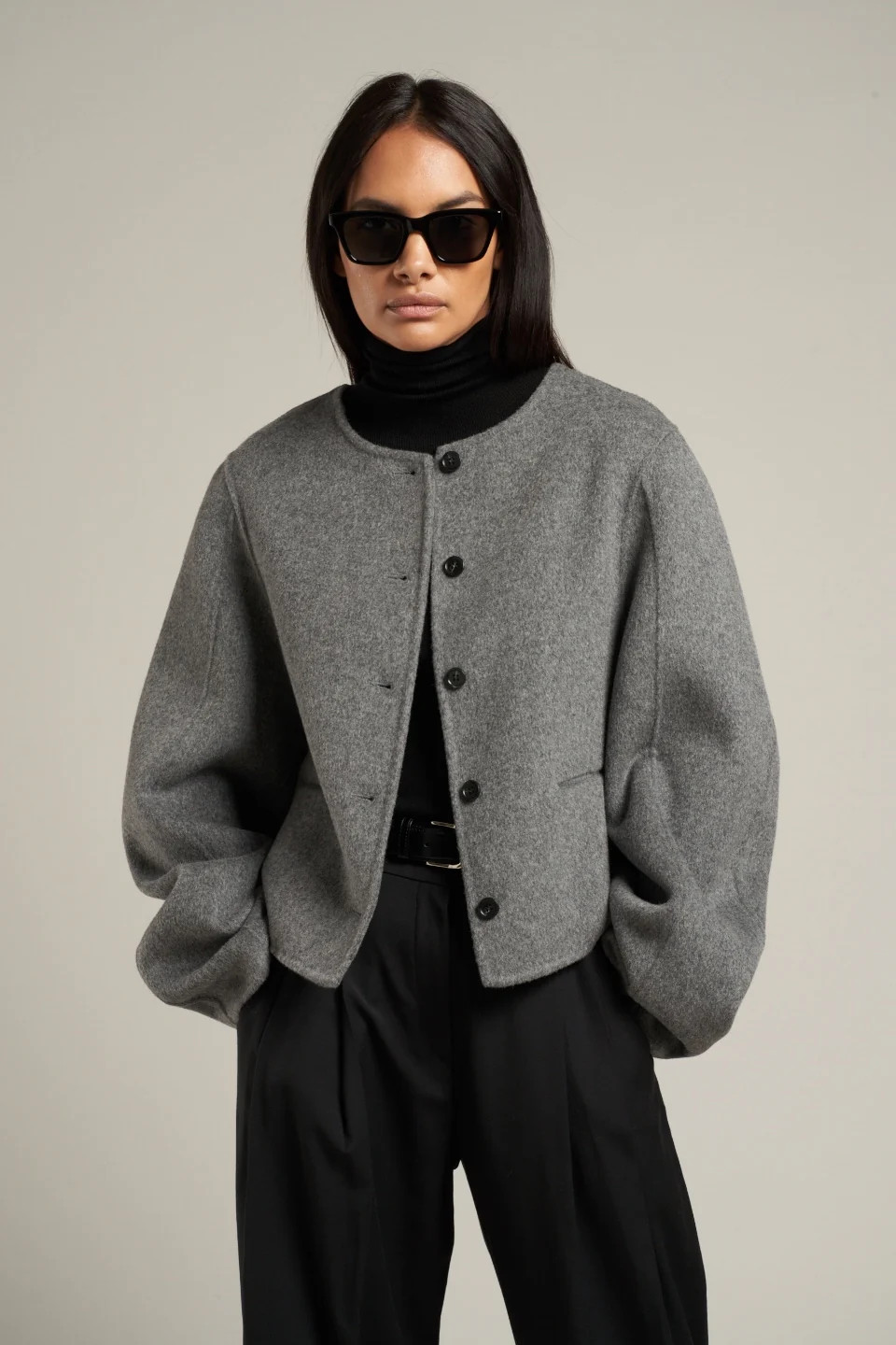 Esme Wool Collarless Cropped Jacket Grey Melange | Marcela London