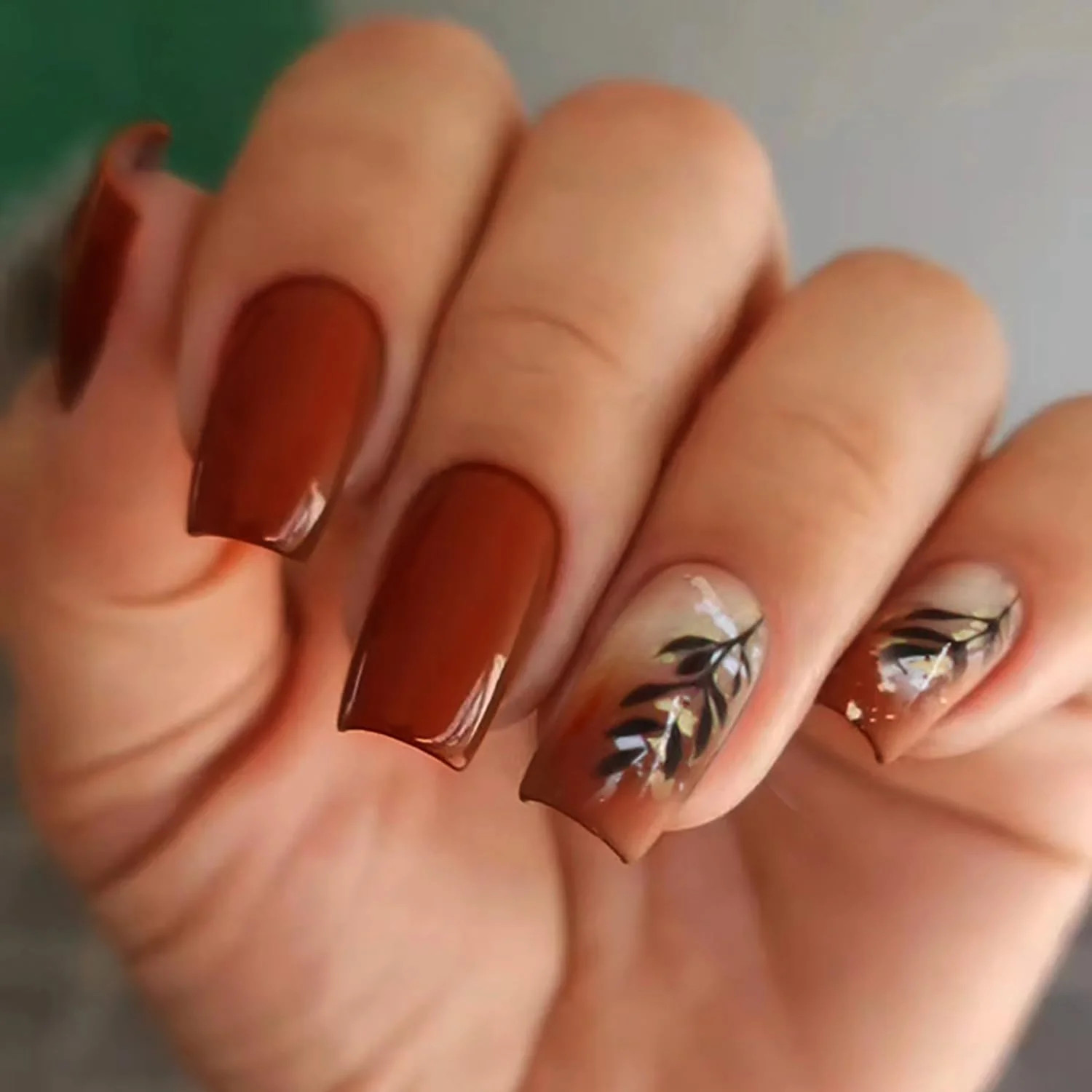 Fall Press on Nails Medium Square Thanksgiving Fake Nails Red Brown Stick on Nails Leaf Designs A... | Walmart (US)