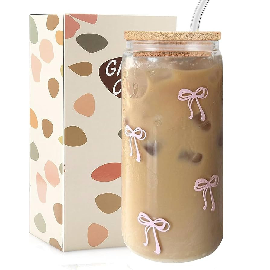 Coquette Aesthetic Glass Cups with Lids and Straws - Pink Bow Iced Coffee Cup Decor, Cute Tumbler... | Amazon (US)