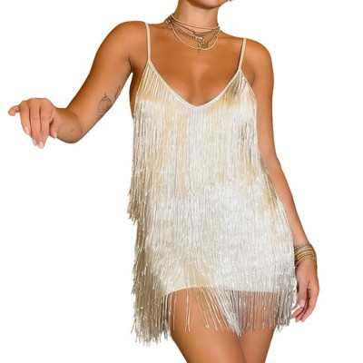 Sequin Fringe Spaghetti Strap Backless Mini Dress for Party Club Silver M | Target