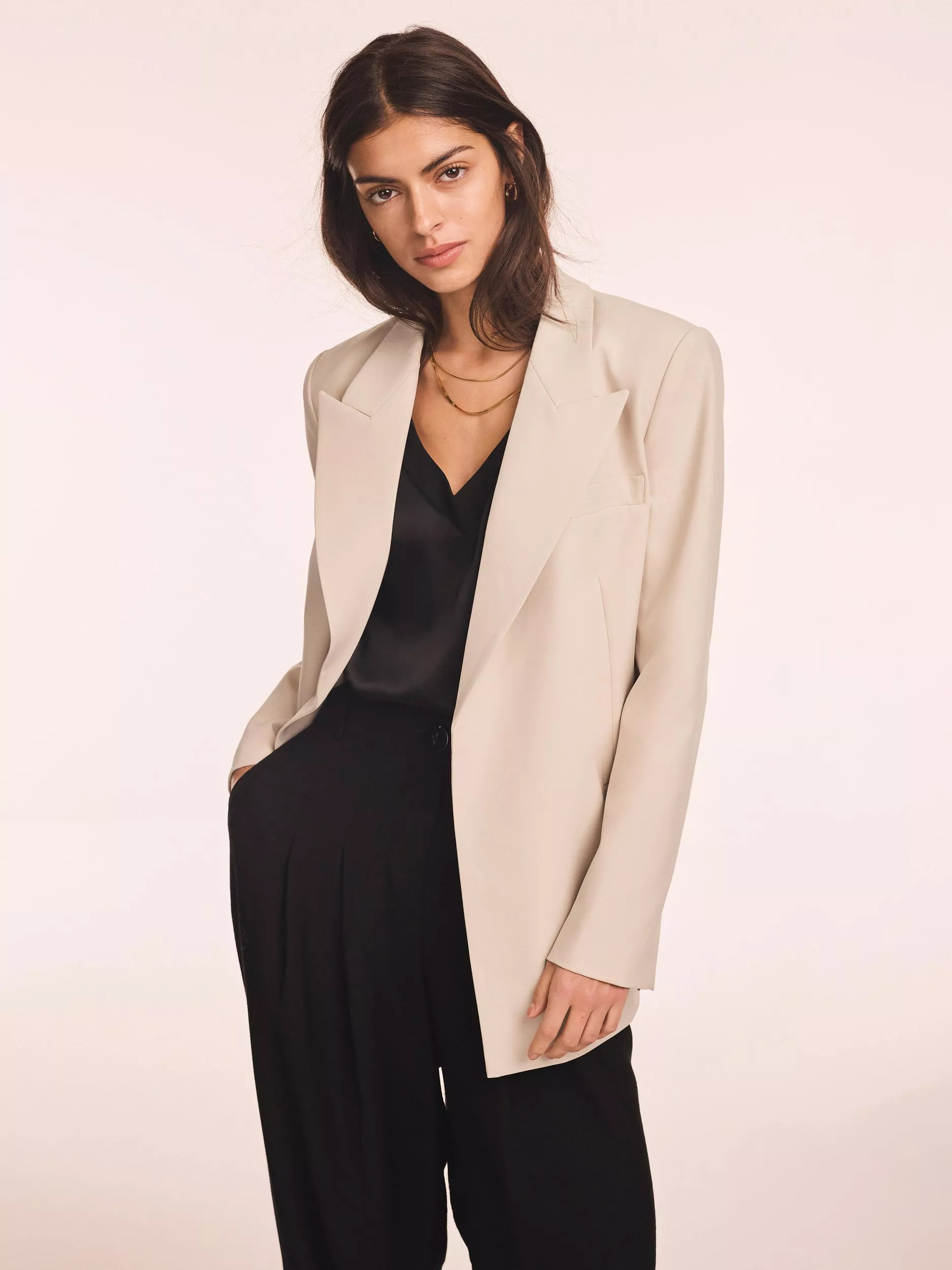 Mint Velvet Longline Double Breasted Blazer, Natural | John Lewis (UK)