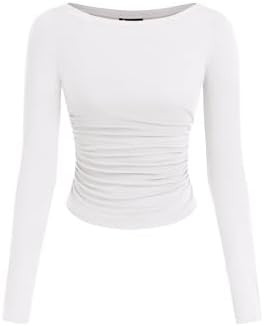 PRETTYGARDEN Long Sleeve Shirts for Women 2026 Fall Ruched Sides Boat Neck Basic Tee Casual Fitte... | Amazon (US)