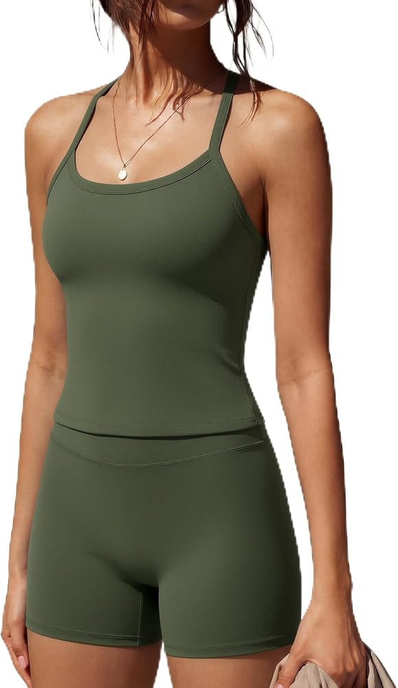 SUUKSESS Women 2 Piece Workout Sets High Waisted Tummy Control Biker Shorts Halter Padded Tank To... | Amazon (US)