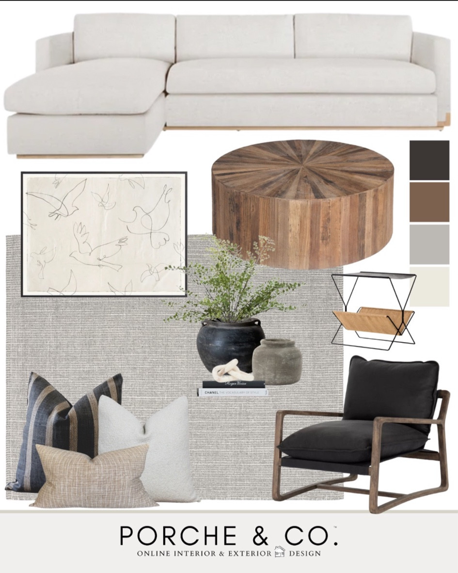 Living room decor, living room mood board, living room inspo, sectional sofa, round coffee table, accent chair, modern Classic design, living room design 

#LTKSeasonal #LTKhome #LTKstyletip