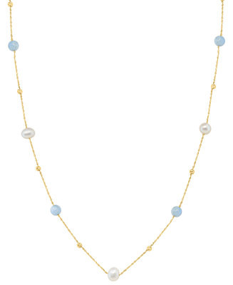 Freshwater Pearl (6.5mm) and Aquamarine Necklace (5-7/9 ct. t.w.) in 14k Yellow Gold | Macy's