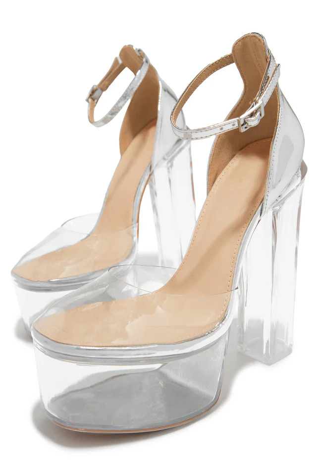 Miss Lola | Adore Me Silver Ankle Strap Platform Block High Heels | MISS LOLA
