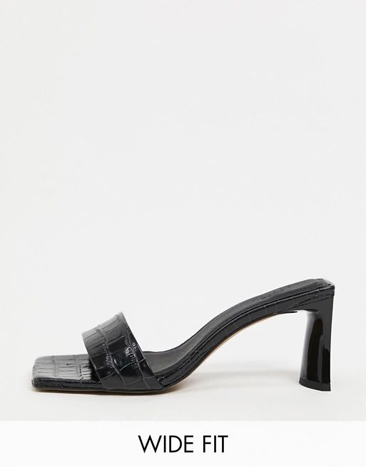 ASOS DESIGN Wide Fit Hasty premium leather mid-heeled mules in black croc | ASOS (Global)