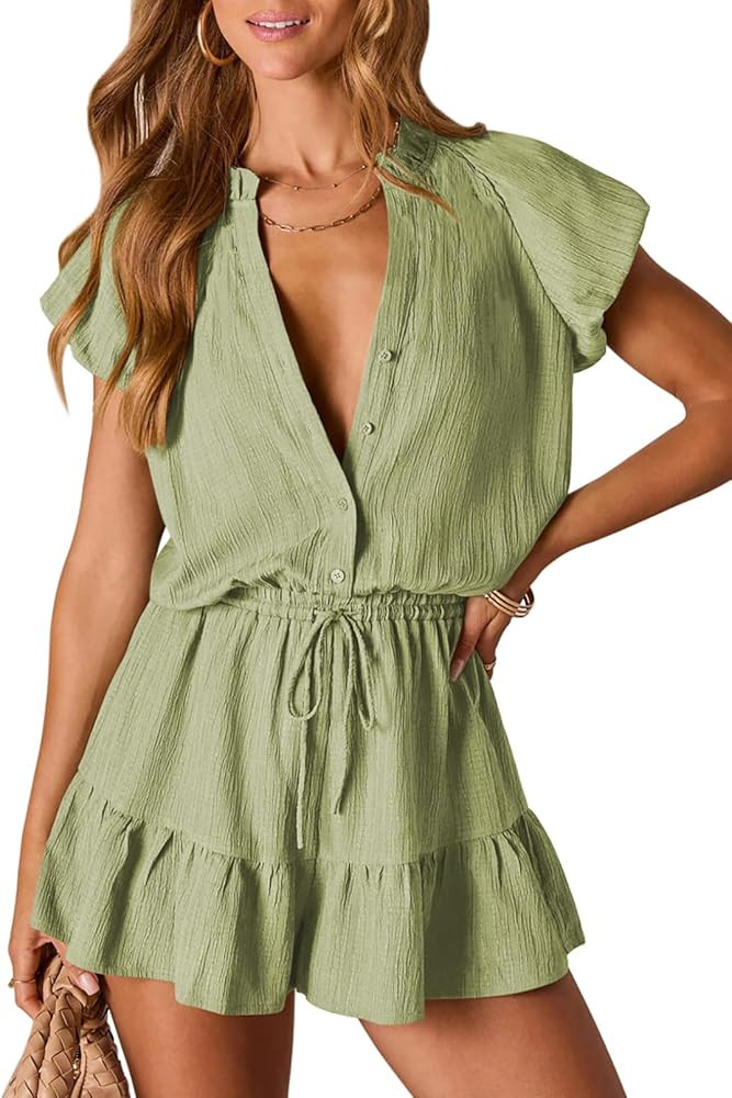 Fixmatti Summer Rompers for Women 2026 V Neck Short Sleeve Button Up Ruffle Jumpsuit Outfit with ... | Amazon (US)