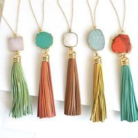 Tassel Necklace. Leather Tassel Necklace. Turquoise Orange Aqua Tassel Necklace. Long Tassel Necklace. Boho Tassel Jewelry. | Etsy (US)
