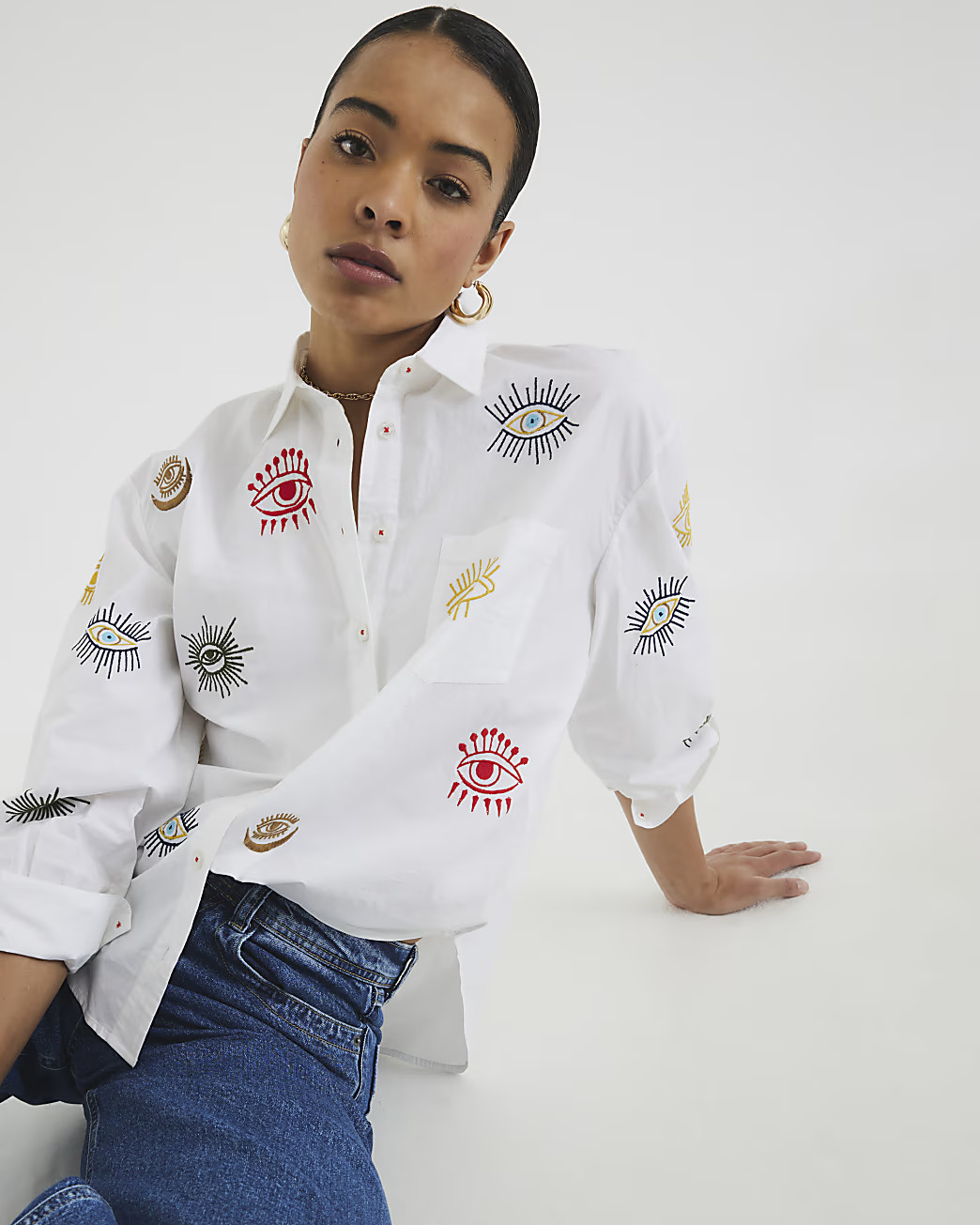 White Long Sleeve Eye Shirt | River Island UK & IE