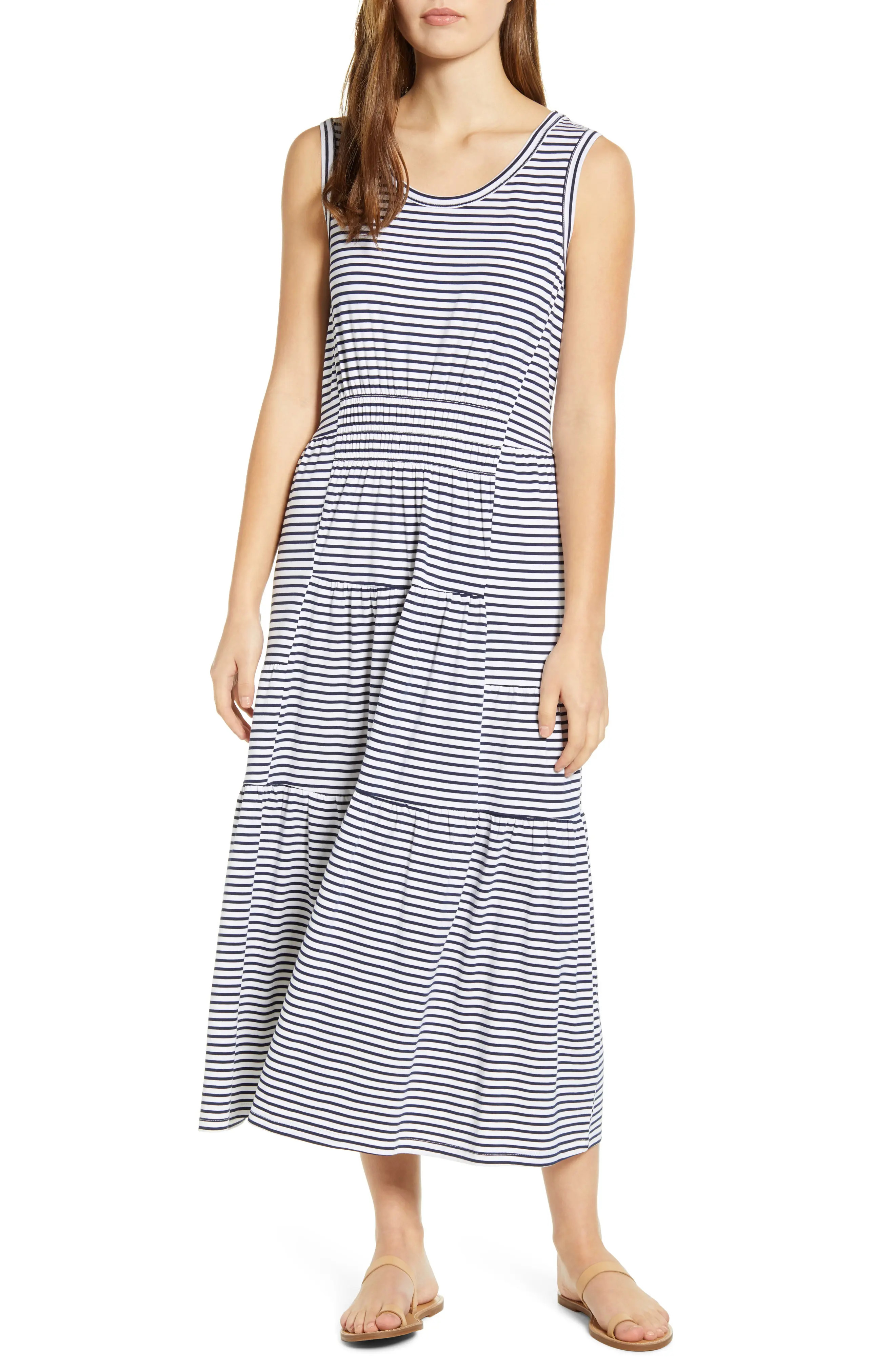 Women's Beachlunchlounge Kamala Stripe Tiered Jersey Midi Dress, Size Medium - Blue | Nordstrom