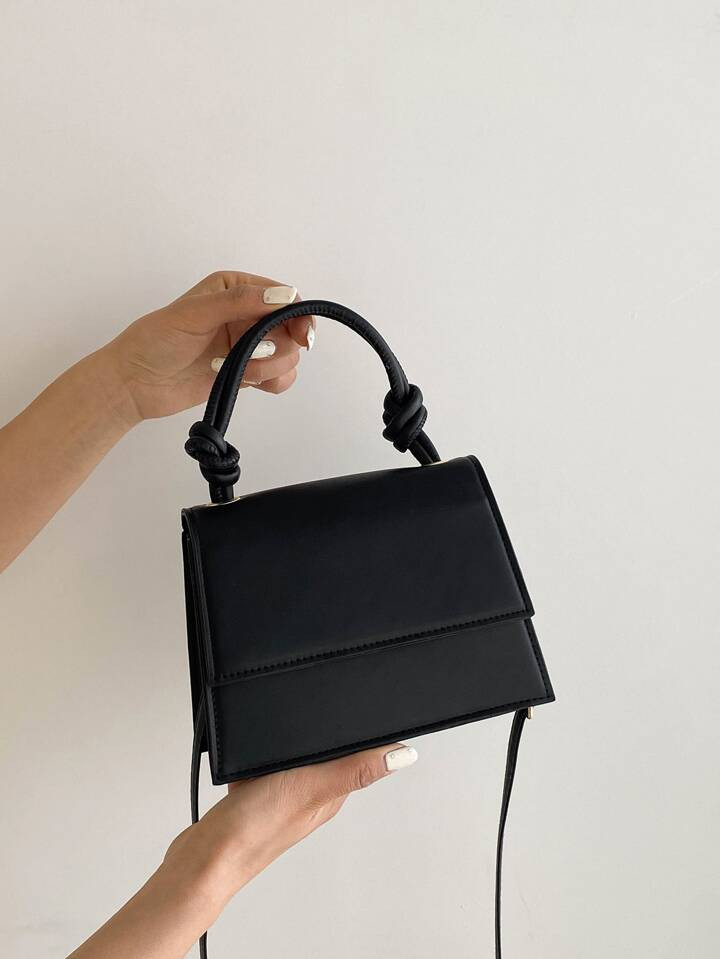 Mini Square Bag Solid Black Top Handle Elegant Style Minimalist Textured Top Handle Bag, All-Matc... | SHEIN