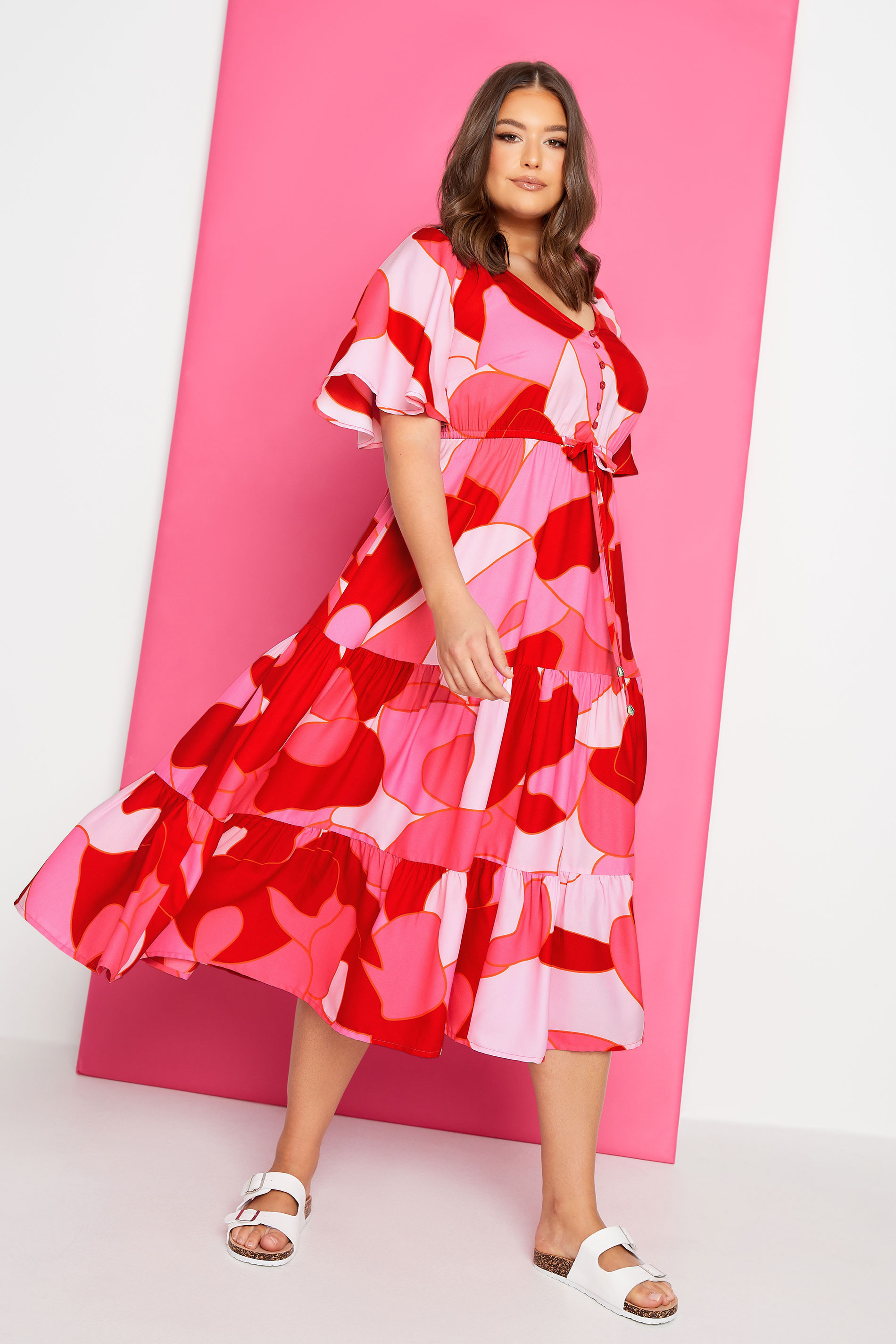 LIMITED COLLECTION Pink Plus Size Abstract Print Tiered Dress | Yours Clothing UK