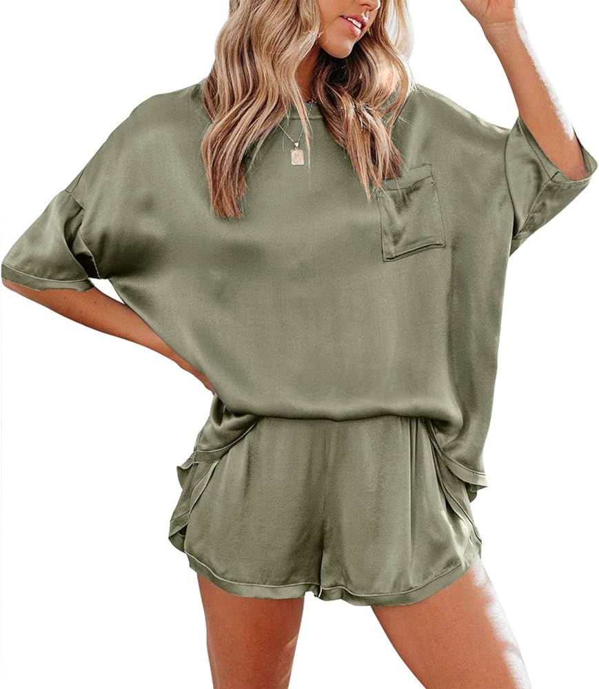 ZESICA Womens Satin Pajama Set Short Sleeve Top and Shorts Two Piece Silk Sleepwear Nightwear Lou... | Amazon (US)