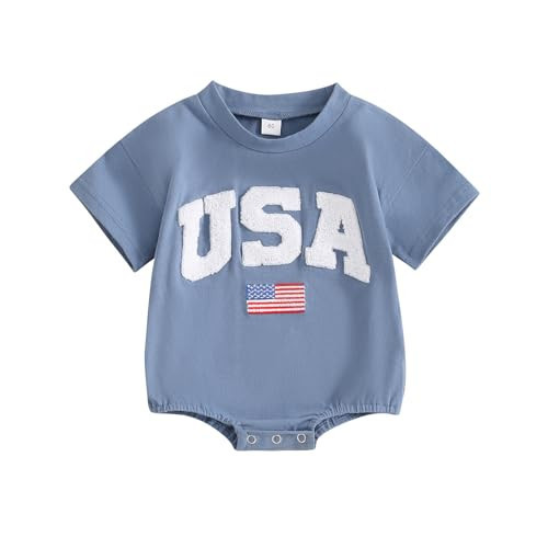 FYBITBO 4th of July Baby Boy Girl Outfit Newborn Bubble Romper American Flag Bodysuit Fourth of July USA Summer Clothes (Blue, 12-18 Months) | Amazon (US)