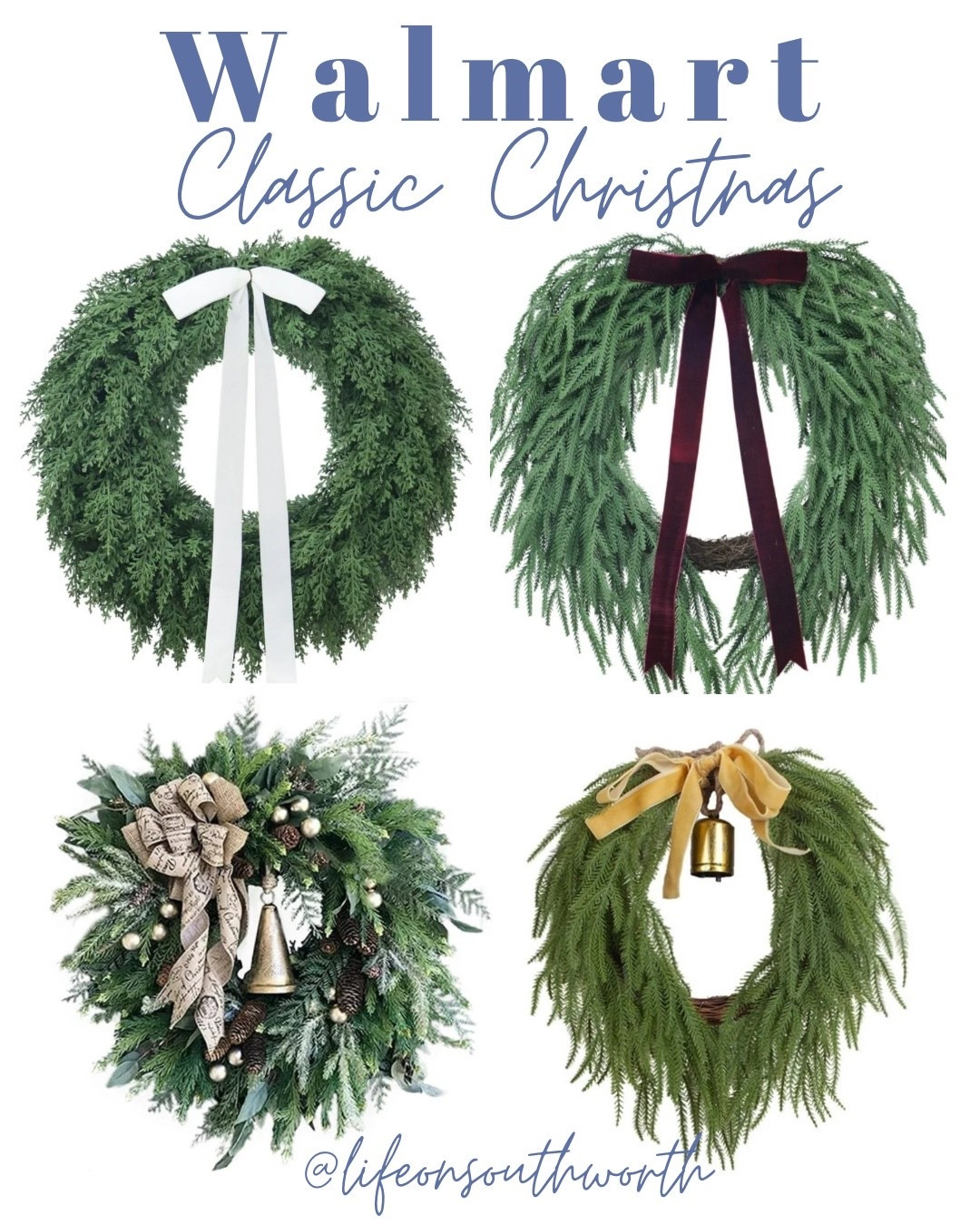 If classic & simple is your style, I’ve got you covered with these new Christmas wreaths. The top two are 22 inch, making them perfect for a front door or porch decor. The bottom two wreaths are smaller, around 15-16 inches, making them beautiful decor for kitchen cabinets, back of dining chairs, on hutch or top of mirrors. 
Which is your favorite? 

#LTKFindsUnder50 #LTKSeasonal #LTKHome