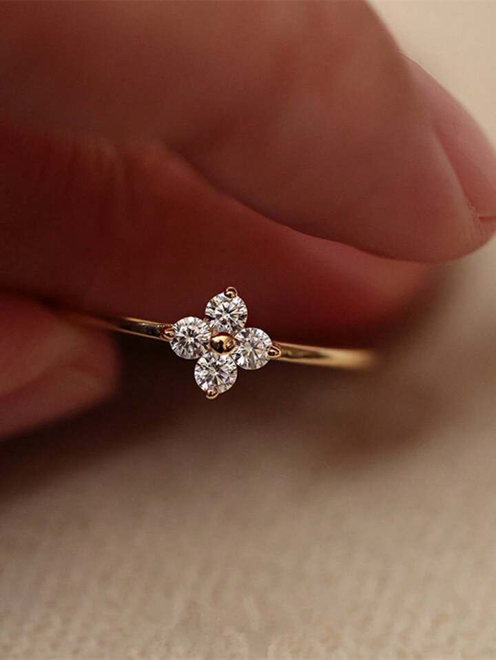 S925 Puur zilver Met 14K Vergulden Lief Meisje Cubic Zirkonia Vier Blad Bloem Sieradenset Inclusi... | SHEIN