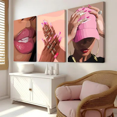 Girl Wall Art Set Of 3 - Pink African American Woman Canvas Wall Decor Pictures, Fashion Woman Paintings Prints For Living Room Bedroom Bathroom Dorm | Wayfair North America