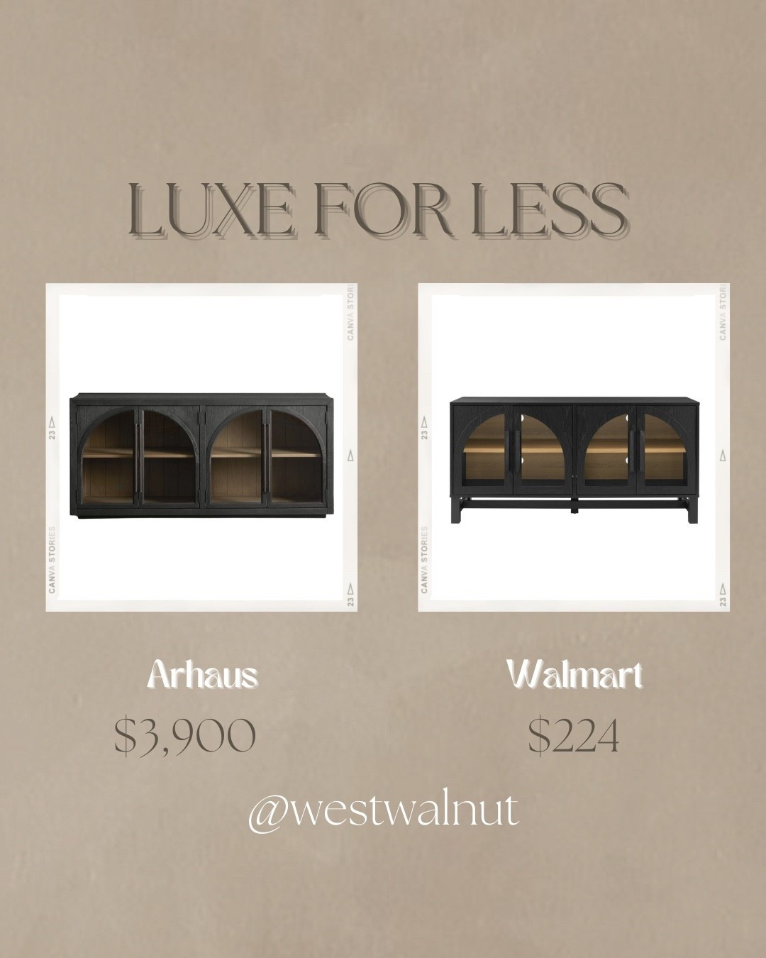 Arc Media Console Luxe For Less

On the left is the Hattie Sideboard from Arhaus in Ebony. It is crafted with "solid oak wood and oak veneers, with hand-applied finishes". It also includes cord management holes for media purposes.
Dimensions: 70"W x 18"D x 32.5"H

On the right is the Better Homes & Gardens Juliet Arc TV Stand from Walmart in Black. It is made of wood and tempered glass.
Dimensions: 60"W x 16"D x 30"H

While the Arhaus option boasts higher quality and bigger dimension, the Walmart option conveys a similar essence for a fraction of the price.

#mediaconsole #archedcabinet #homeonabudget #affordablehomedecor #moderndecor #modernfurniture #homedecorideas #dupes #lookforless #homedecor

#LTKHome