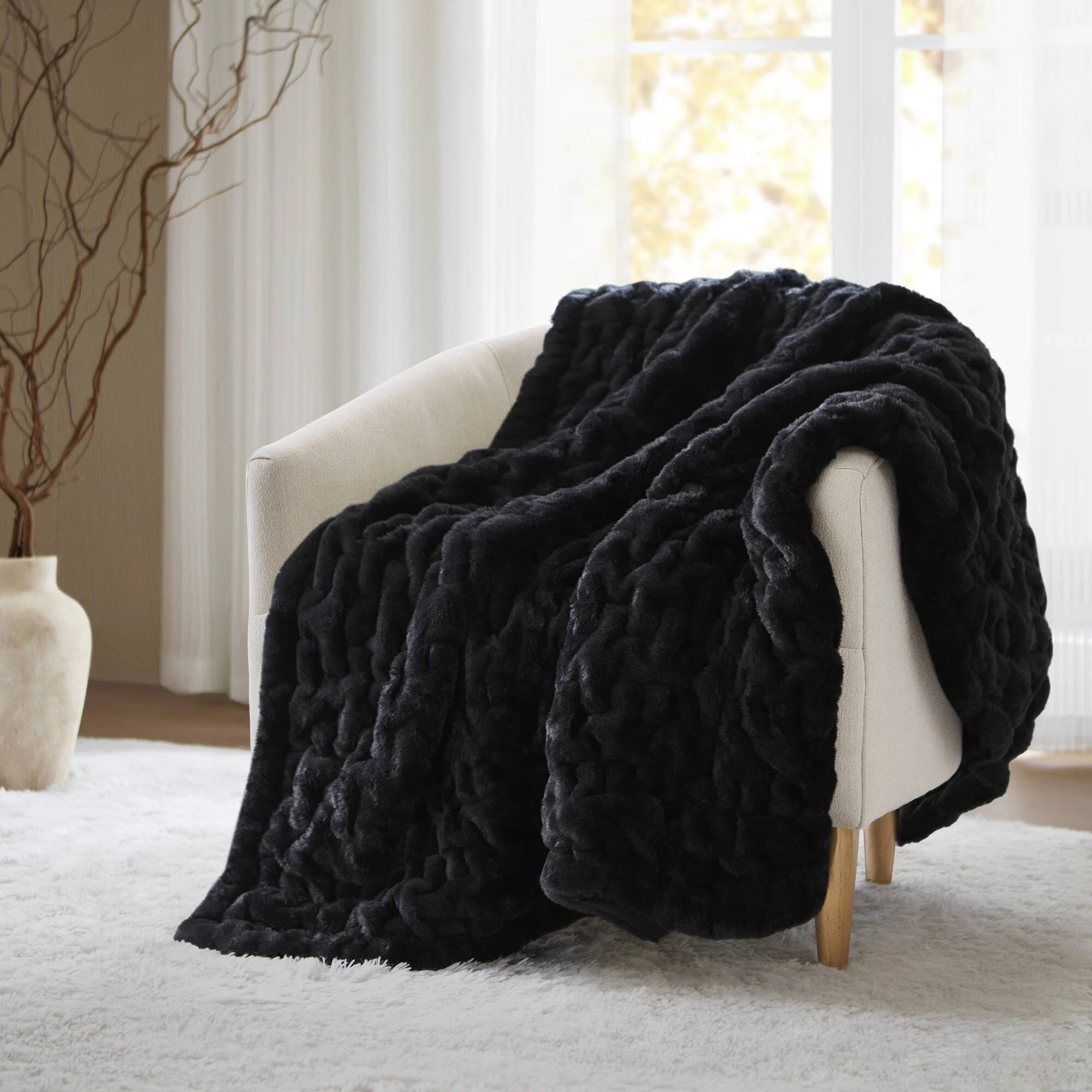 Black Ruched Fur Throw 50x60" | Wayfair North America