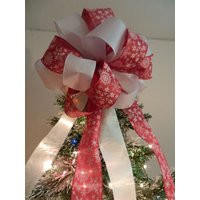 Large Christmas Tree Topper Bow Red Snowflake & Shimmer White Ribbon | Etsy (US)