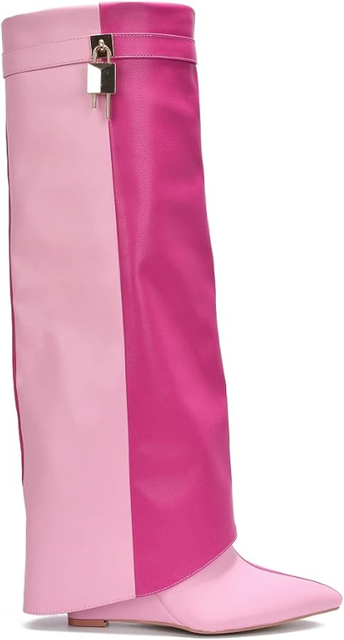 Cape Robbin Women's Wedge Boots Knee High Pull On Pointed Fold Over Wedge Heel Boots | Amazon (US)