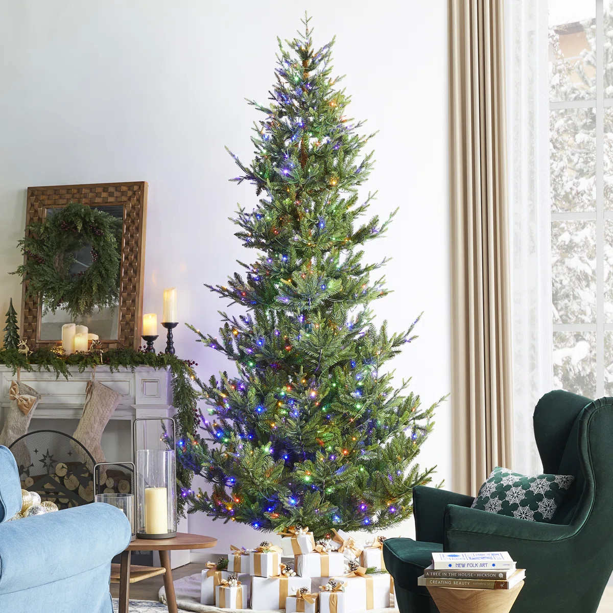 Leilonie Vibrant Ascend Evergreen Pre-Lit Green Upward Slim Fir Artificial Christmas Tree with Li... | Wayfair North America