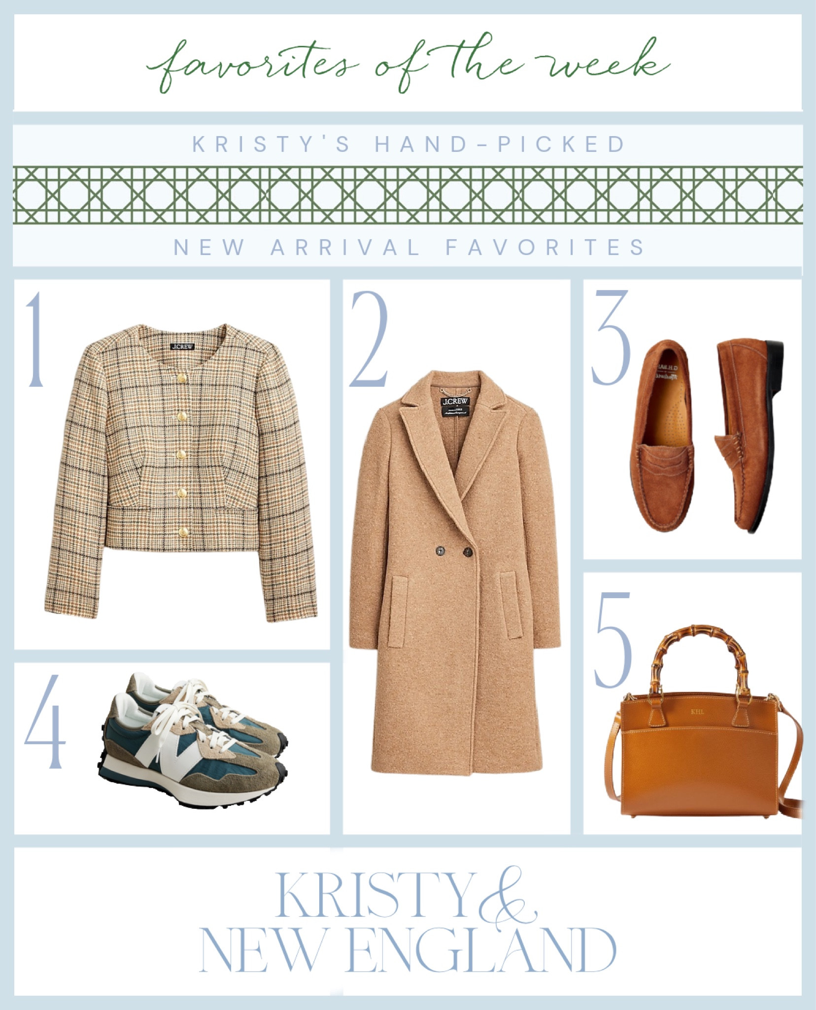 My favorites this week: plaid lady jacket, boiled wool coat, suede penny loafers, new balance sneakers, chestnut leather bamboo handbag & crossbody bag. 

#LTKitbag #LTKshoecrush #LTKGiftGuide