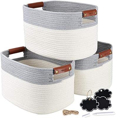 NaturaClo Cotton Rope Storage Basket Set of 3 | Decorative Woven Basket W/Leather Basket Handles ... | Amazon (US)