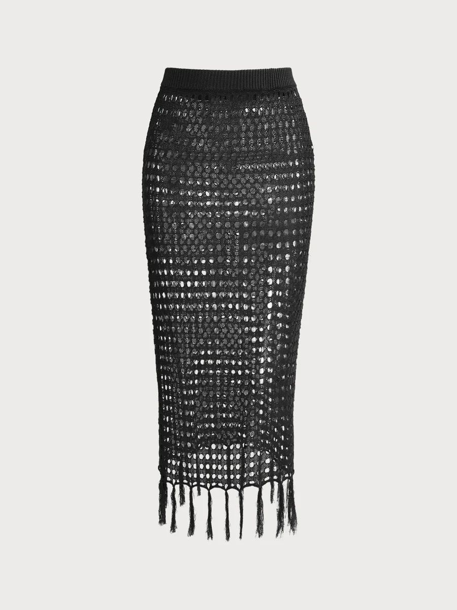 Black Pointelle-Knit Fringe Cover-Up Skirt & Reviews - Coffee,Black - Sustainable Cover-ups | BER... | BERLOOK