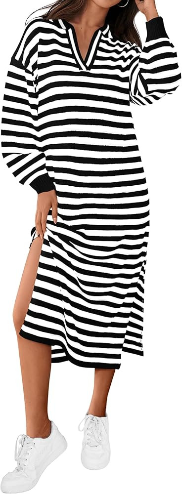 MASCOMODA Womens Fall Dresses 2024 Striped Sweater Dress Casual Long Sleeve V Neck Collared Loose... | Amazon (US)