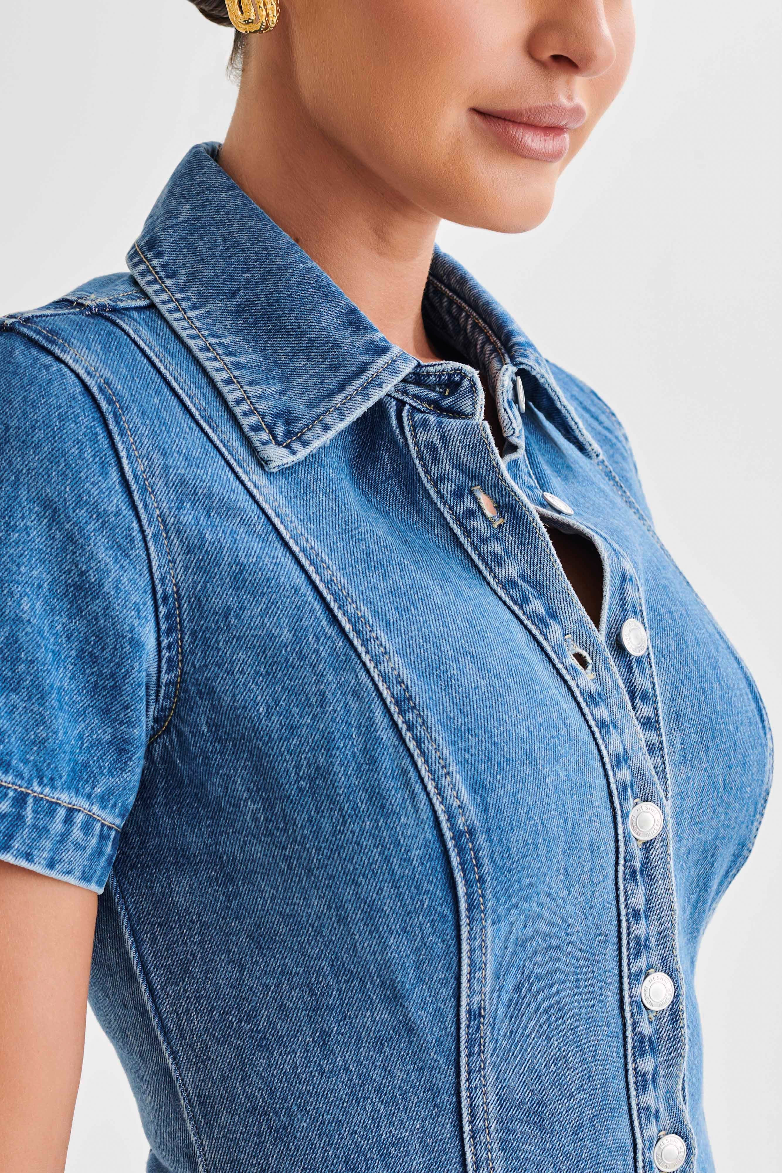 Ellie Denim Short Sleeve Top - 70's Blue | MESHKI US