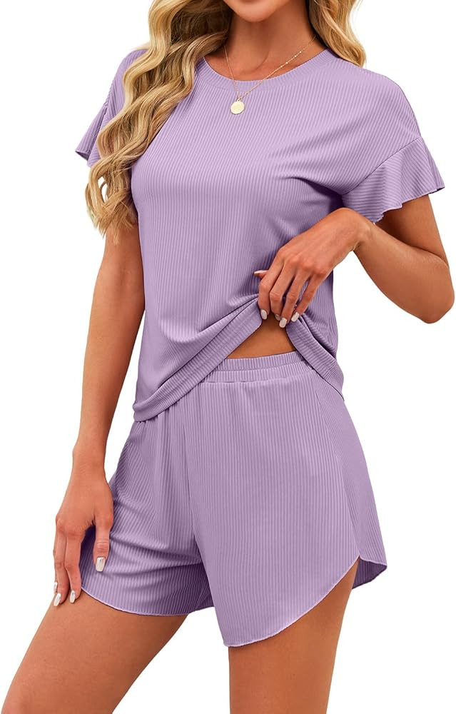 JUSTFASHIONNOW Women's Pajama Set Ruffle Sleeves Top and Short Soft 2 Piece Loungewear Set | Amazon (US)