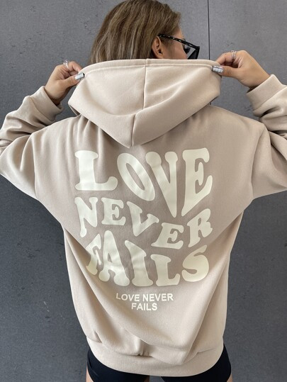 Slogan Graphic Drop Shoulder Drawstring Hoodie | ROMWE