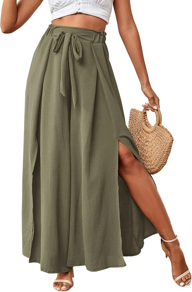 LYANER Women's Tie Front High Waist Side Split Slit Flowy Wide Leg Pleated Pant with Belt | Amazon (US)